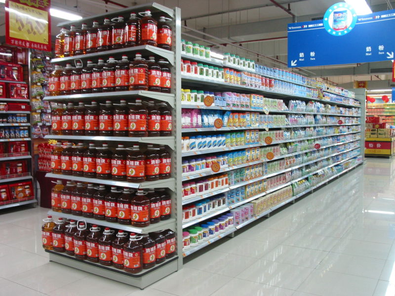 Light Duty Double-Sided Steel Supermarket Shelves and Gondola Shelves with Display Cabinets