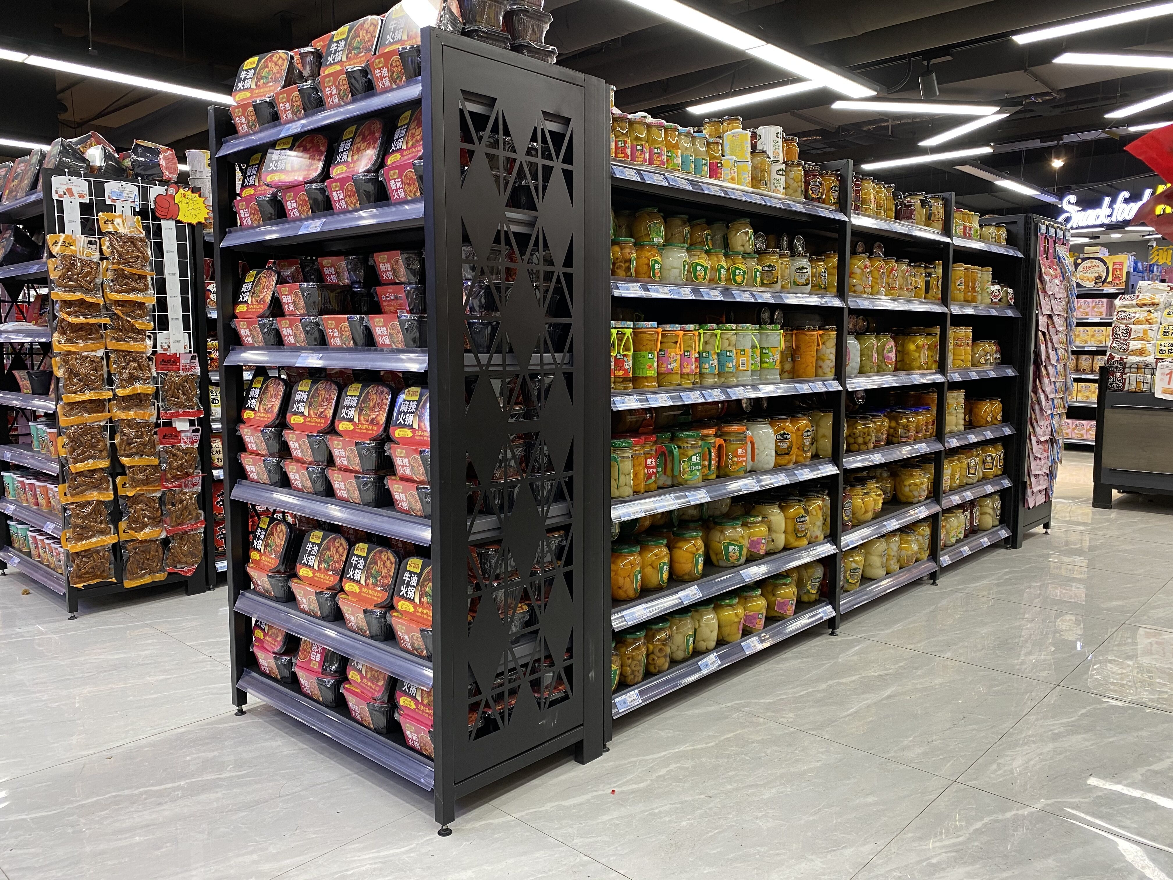 Customized Service Double Side Steel Central Island Design Rack Display Supermarket Shelves