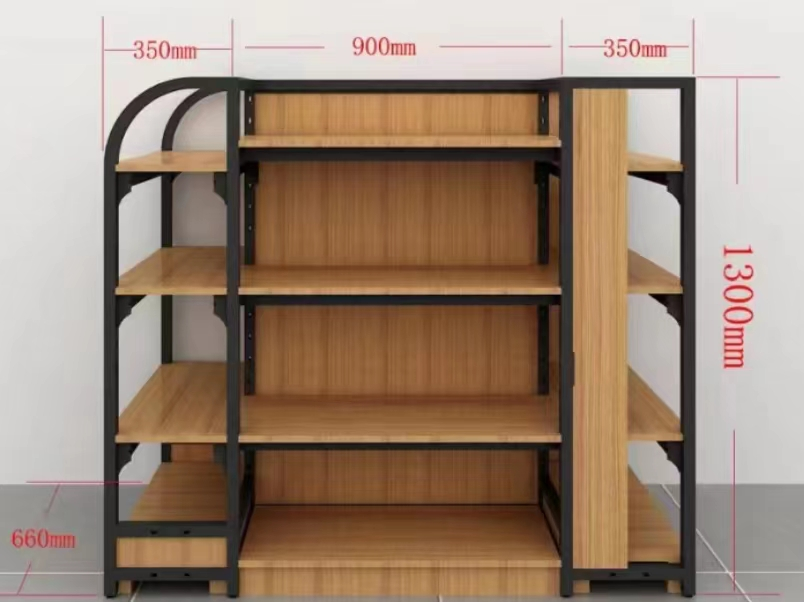 Four-Column Steel-Wooden Storage Rack Supermarket Gondola Display Shelf for Shop Use