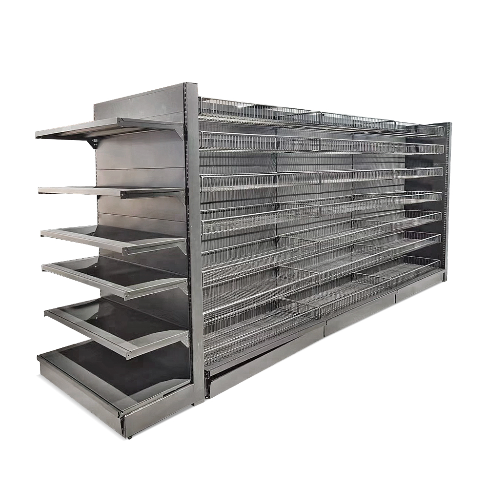 Customized Service Double Side Steel Central Island Design Rack Display Supermarket Shelves
