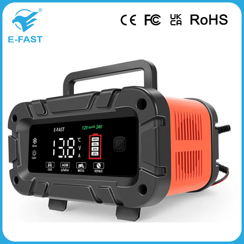 Portable 24V 5A 7-Stage Lead Acid AGM LiFePO4 Motorcycle Car Battery Charger 12V 10A Smart LCD Display Automatic Charger