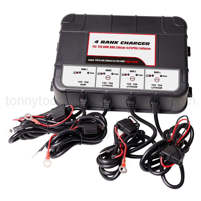 12V 4X10A Lead Acid &amp; Lithium (LiFePO4) Automatic Trickle Battery Charger Smart Battery Maintainer for Car Motorcycle Lawn Mower Boat