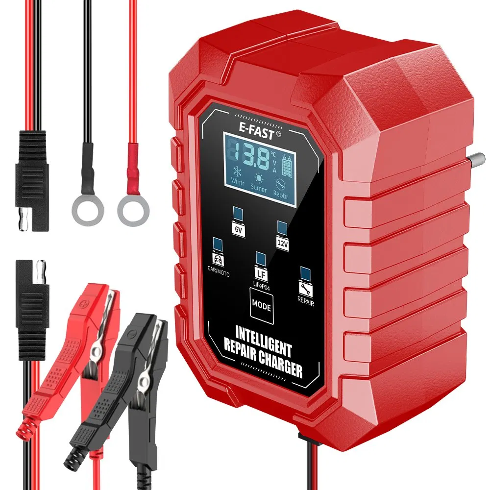 LCD Display E-Fast Automatic 7-Stage Lead Acid LiFePO4 Battery Maintainer 6V 12V 1.5A Smart Pulse Trickle Charger with ABS