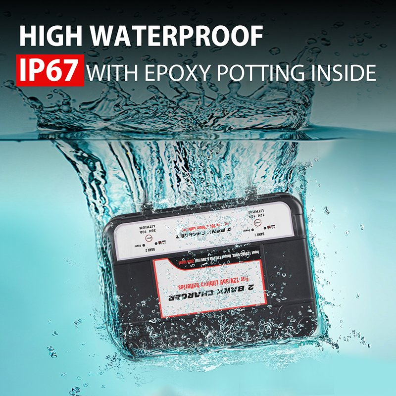 12V/36V 20A 2-Bank Lithium Lead Acid Battery Charger, IP67 Waterproof Marine Boat Car Charger for LiFePO4 AGM Gel with CE/UL Certification