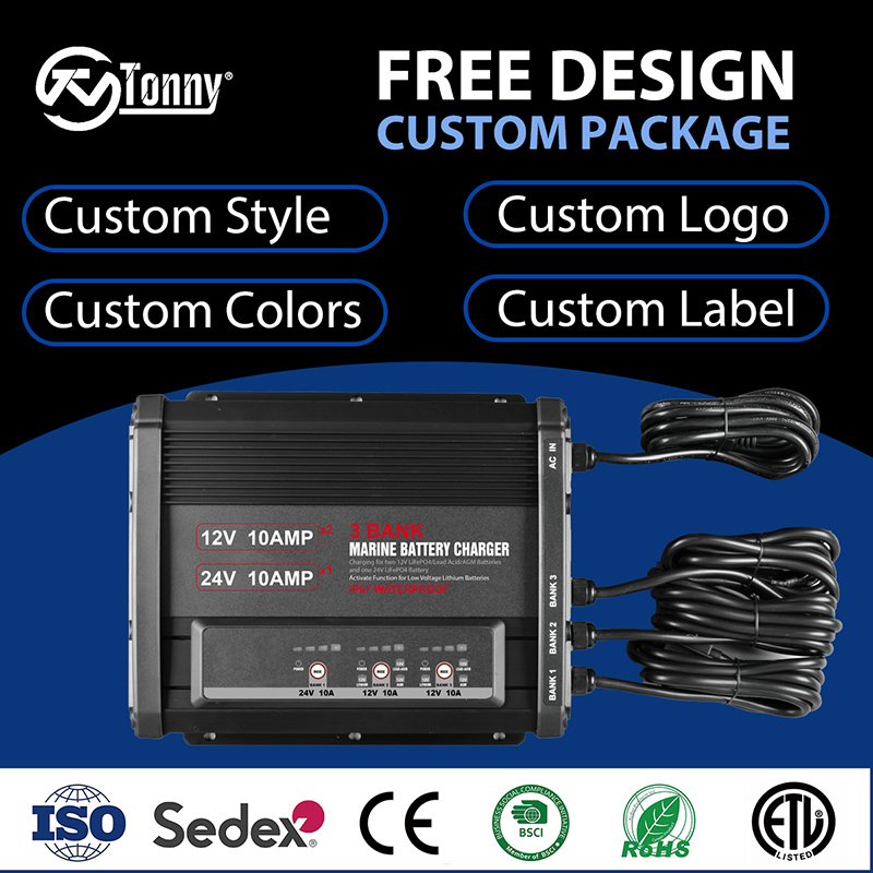 3 Bank Marine Battery Charger 12V/24V 10A IP67 Waterproof for Lead Acid, Lithium, LiFePO4 Batteries - Boat, Truck, Golf Cart Onboard Charger
