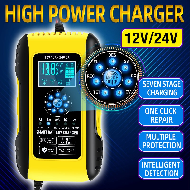 Hot Products Fully Intelligent LCD Screen Car AGM LiFePO4 Battery Charger Automatic Lead Acid Battery Charger 12V 10A 24V 5A