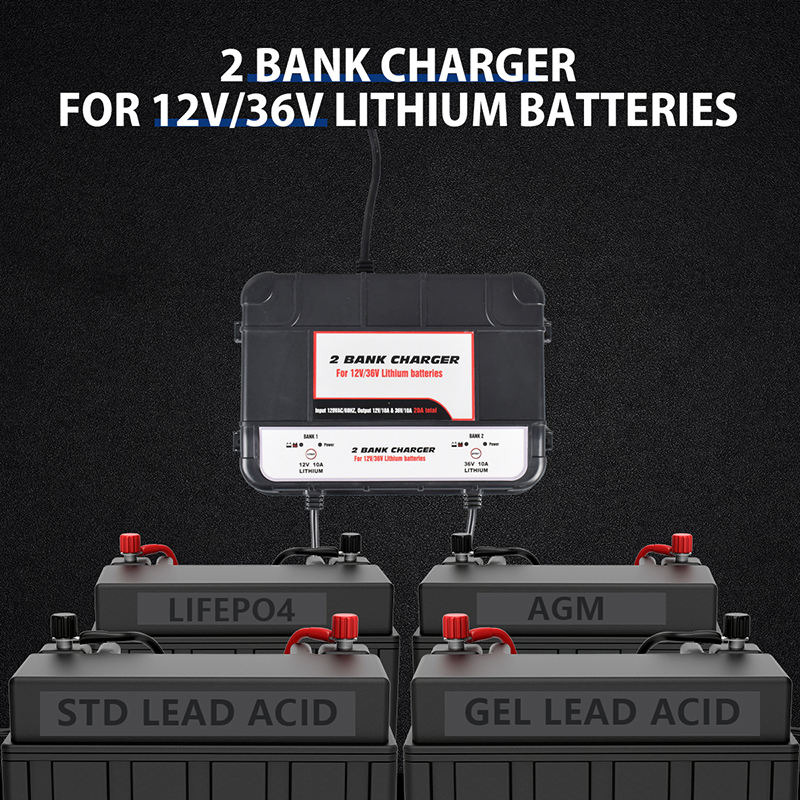 12V/36V 20A 2-Bank Lithium Lead Acid Battery Charger, IP67 Waterproof Marine Boat Car Charger for LiFePO4 AGM Gel with CE/UL Certification
