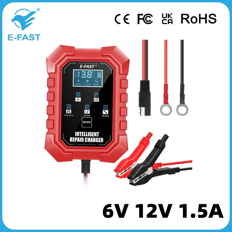 LCD Display E-Fast Automatic 7-Stage Lead Acid LiFePO4 Battery Maintainer 6V 12V 1.5A Smart Pulse Trickle Charger with ABS