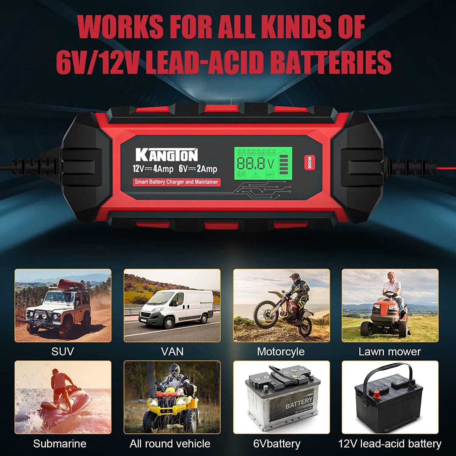 4-AMP Electric Automatic Portable Car Battery Trickle Supersafe Smart Charger Automotive Maintainer 12 Volt Float Charger, Desulfator for Lead-Acid Battery