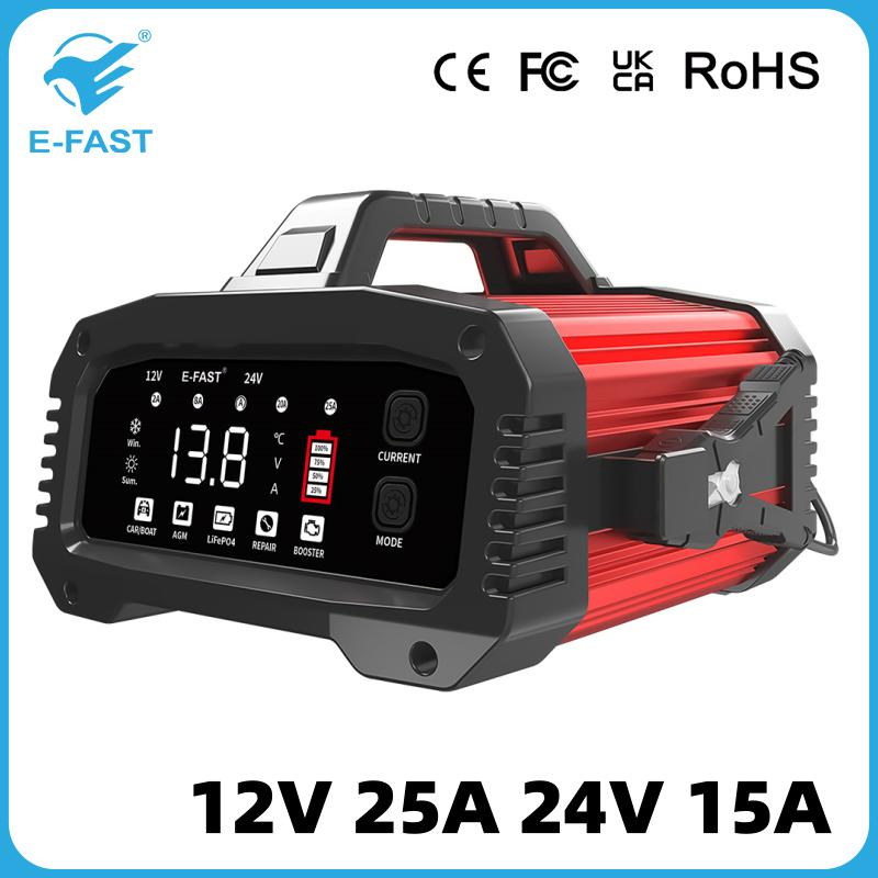 LCD Car Boat AGM Gel Lead Acid LiFePO4 Battery Charger 12V 25A 24V 15A