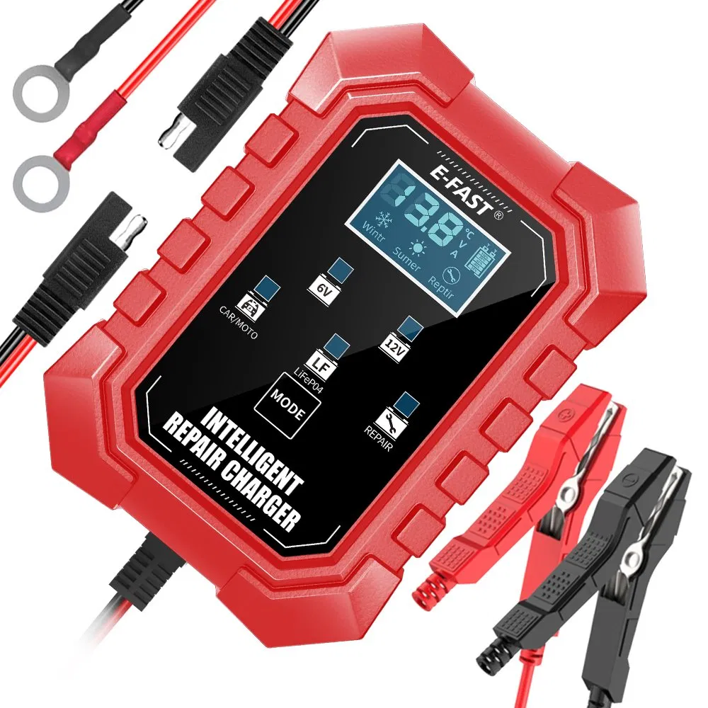 LCD Display E-Fast Automatic 7-Stage Lead Acid LiFePO4 Battery Maintainer 6V 12V 1.5A Smart Pulse Trickle Charger with ABS