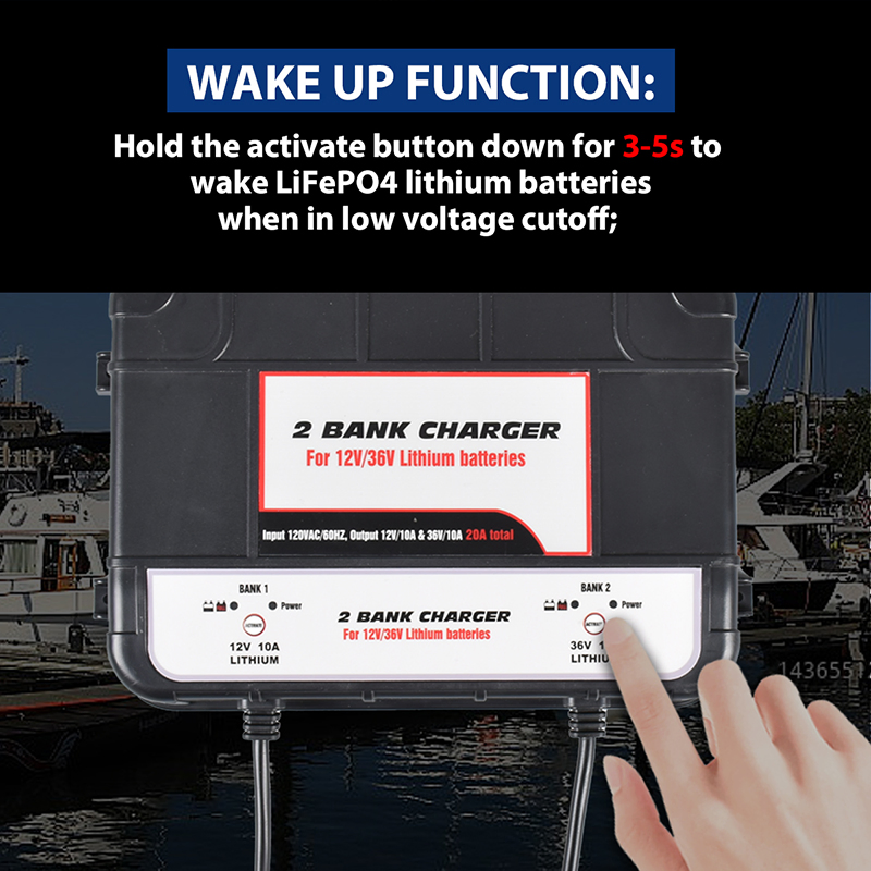 12V/36V 20A 2-Bank Lithium Lead Acid Battery Charger, IP67 Waterproof Marine Boat Car Charger for LiFePO4 AGM Gel with CE/UL Certification