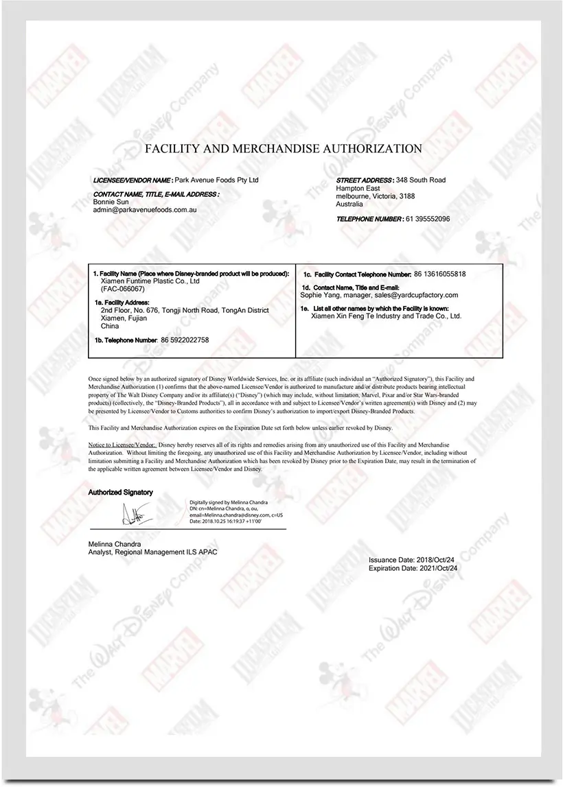 Funtime Plastics food safety certificate