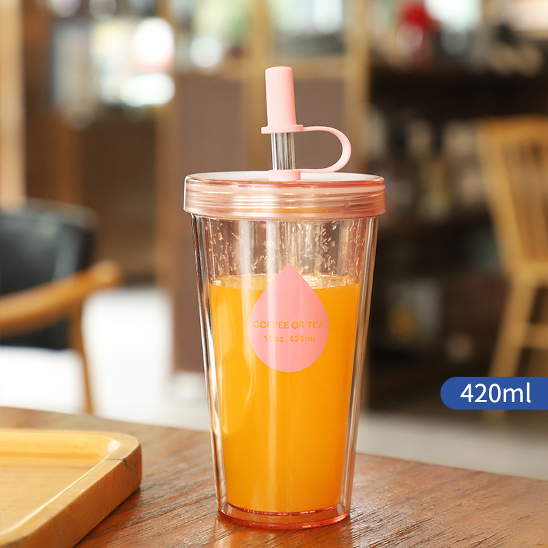 China Factory Price Customized 15oz Double Wall Cup Reusable Plastic Drinking Cups Tea or Coffee With Straw Pricelist, Quotes