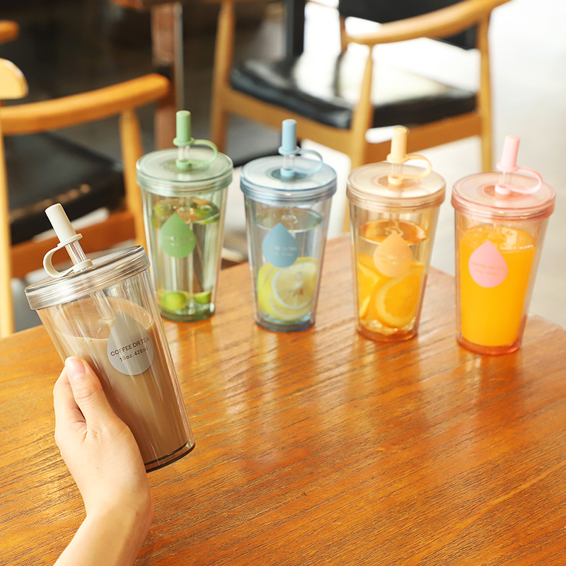China Factory Price Customized 15oz Double Wall Cup Reusable Plastic Drinking Cups Tea or Coffee With Straw Pricelist, Quotes