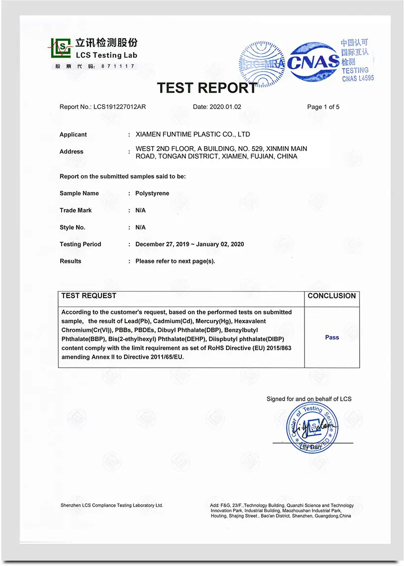Funtime Plastics quality assurance certificate