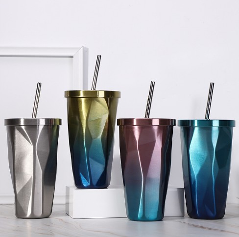 Cheap Stylish irregular double diamond-shaped straw cup gradient vacuum vacuum cup creative stainless steel coffee cup with lid and straw Factories, Exporter