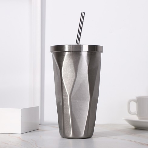 Cheap Stylish irregular double diamond-shaped straw cup gradient vacuum vacuum cup creative stainless steel coffee cup with lid and straw Factories, Exporter