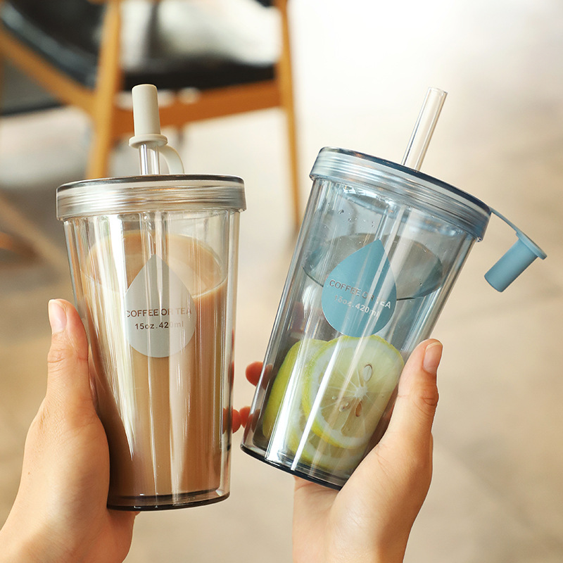 China Factory Price Customized 15oz Double Wall Cup Reusable Plastic Drinking Cups Tea or Coffee With Straw Pricelist, Quotes