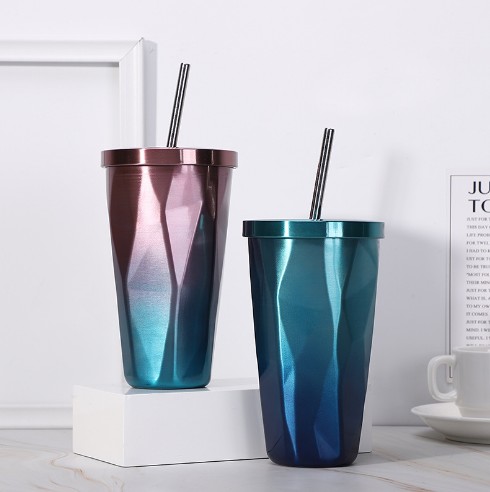 Cheap Stylish irregular double diamond-shaped straw cup gradient vacuum vacuum cup creative stainless steel coffee cup with lid and straw Factories, Exporter