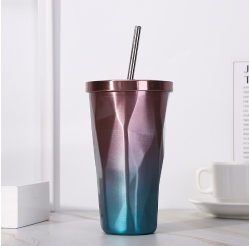 Cheap Stylish irregular double diamond-shaped straw cup gradient vacuum vacuum cup creative stainless steel coffee cup with lid and straw Factories, Exporter