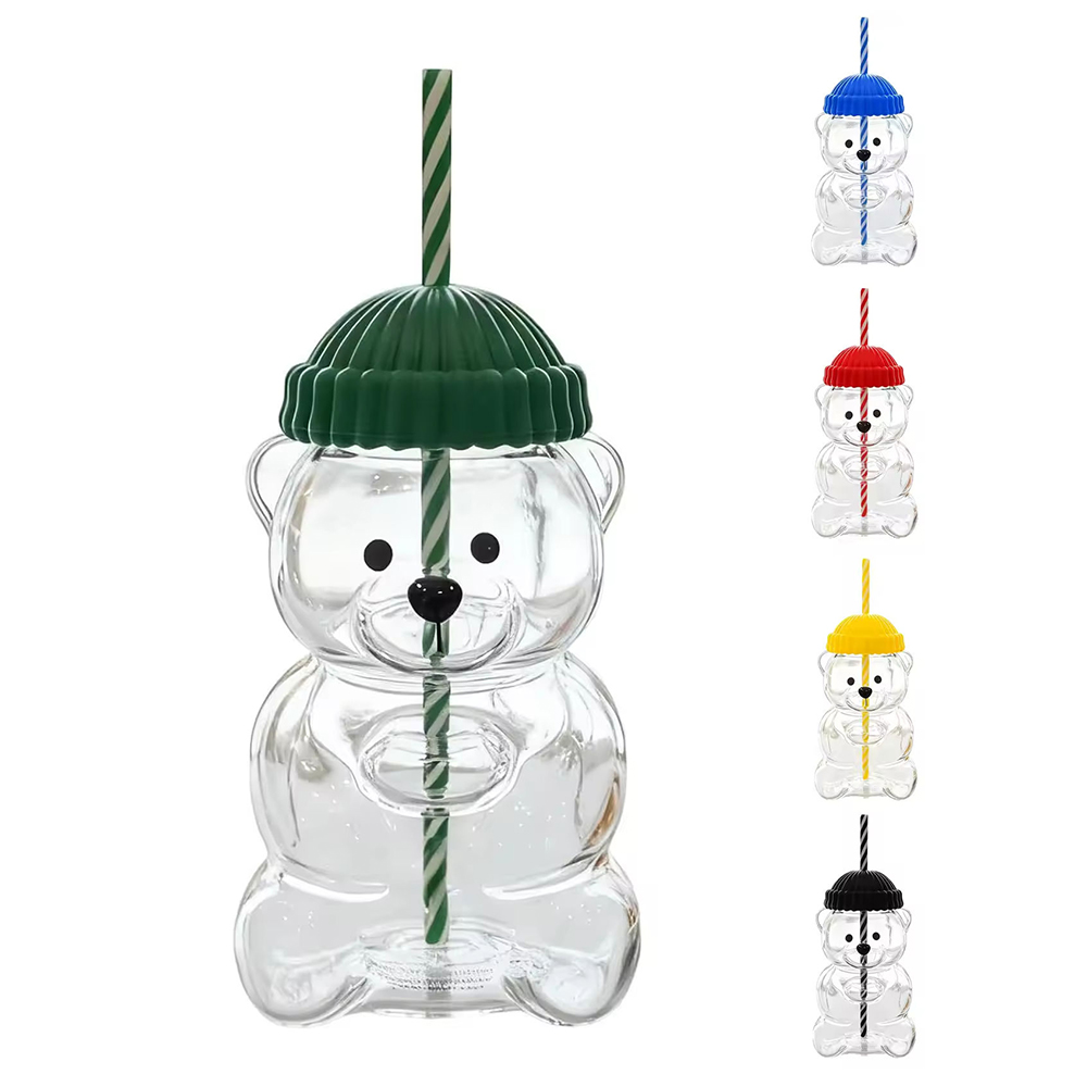 China Teddy Bear Shaped Glass Bottle 16oz Cartoon Bear Coffee Juice Cup with Cap Lid Suppliers, Quotes