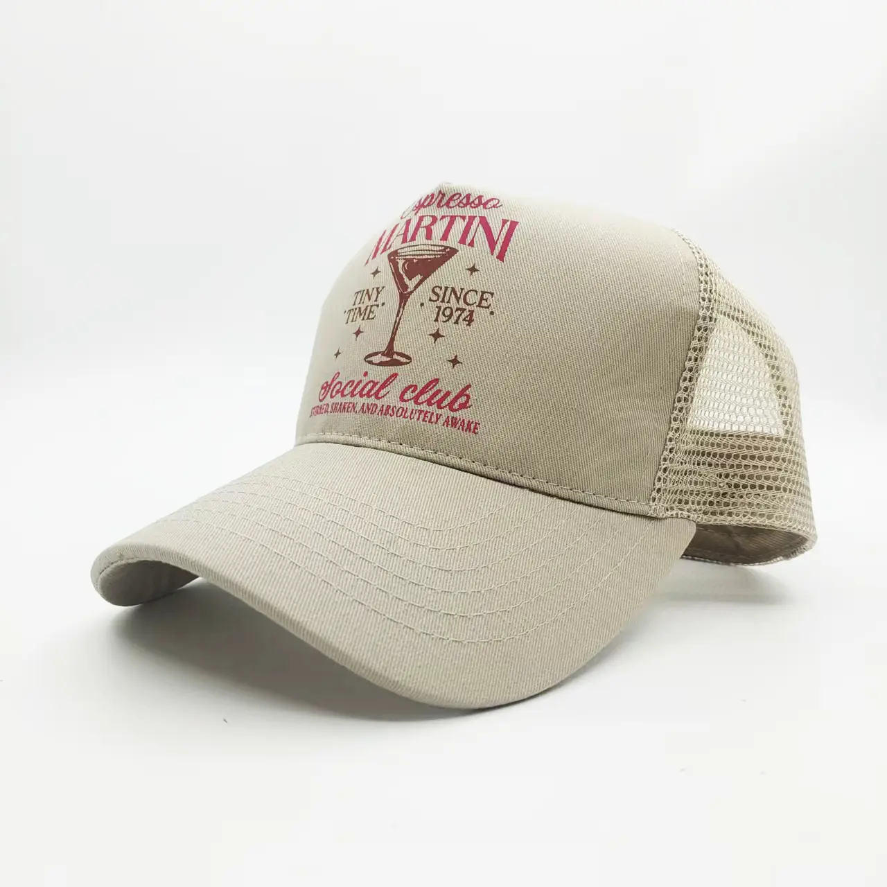 High-Quality China Factory Suppliers Mesh Baseball Cap with Vintage Espresso Martini Print for Summer Style Supplier, Factory