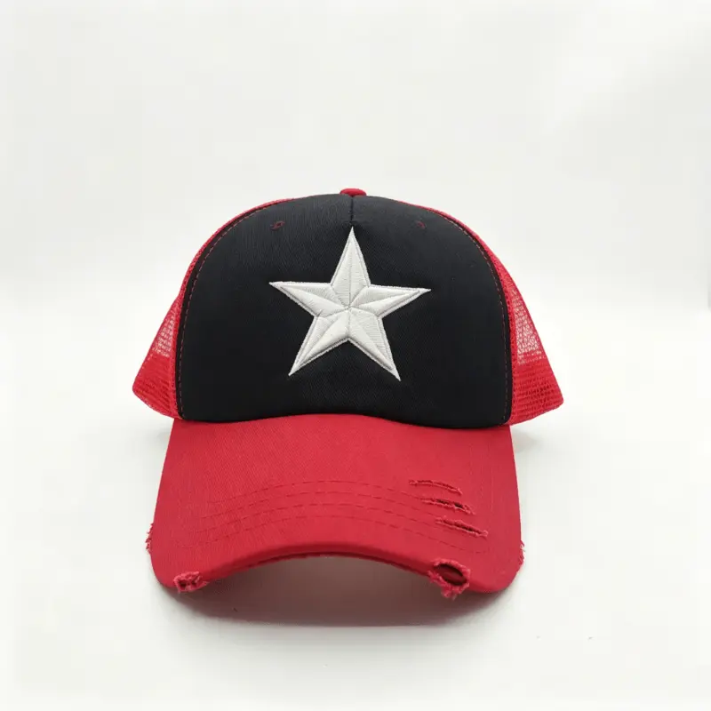 High-Quality Red Blue White Mesh Baseball Cap with Distressed Brim and Star Embroidery Factories, Factory