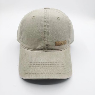 Washed Cotton Baseball Cap with Brown Leather Patch — Vintage Style