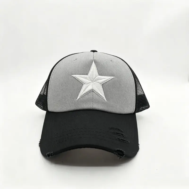 High-Quality Red Blue White Mesh Baseball Cap with Distressed Brim and Star Embroidery Factories, Factory