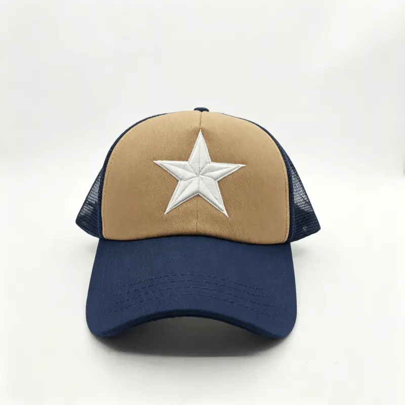 High-Quality Red Blue White Mesh Baseball Cap with Distressed Brim and Star Embroidery Factories, Factory