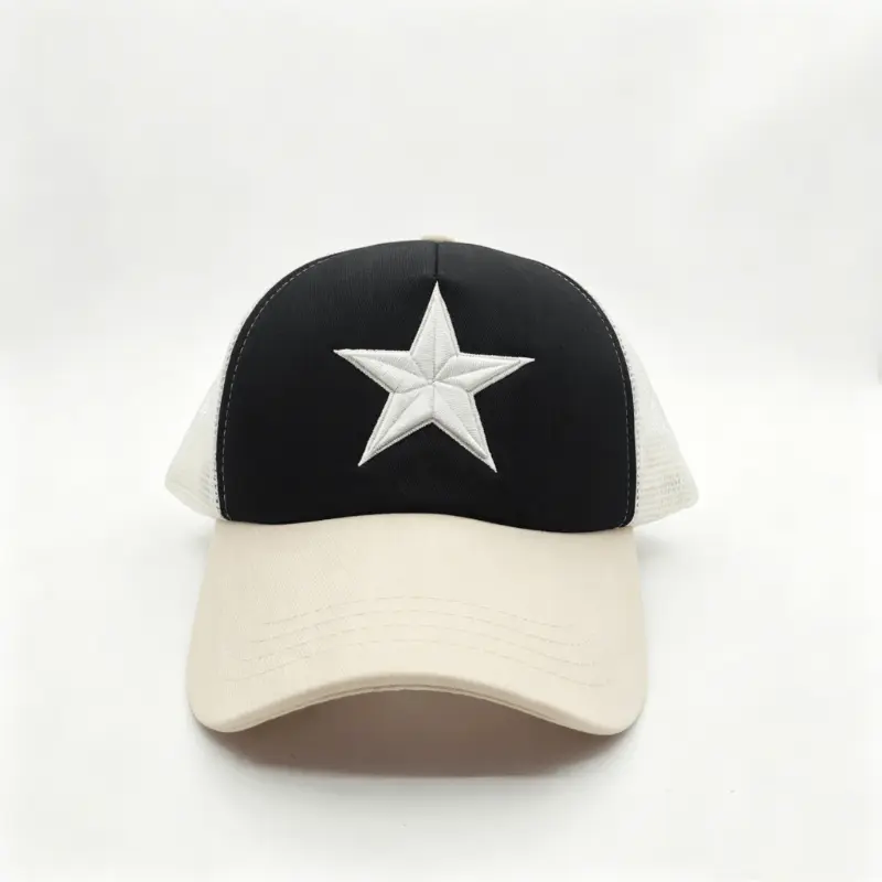 High-Quality Red Blue White Mesh Baseball Cap with Distressed Brim and Star Embroidery Factories, Factory