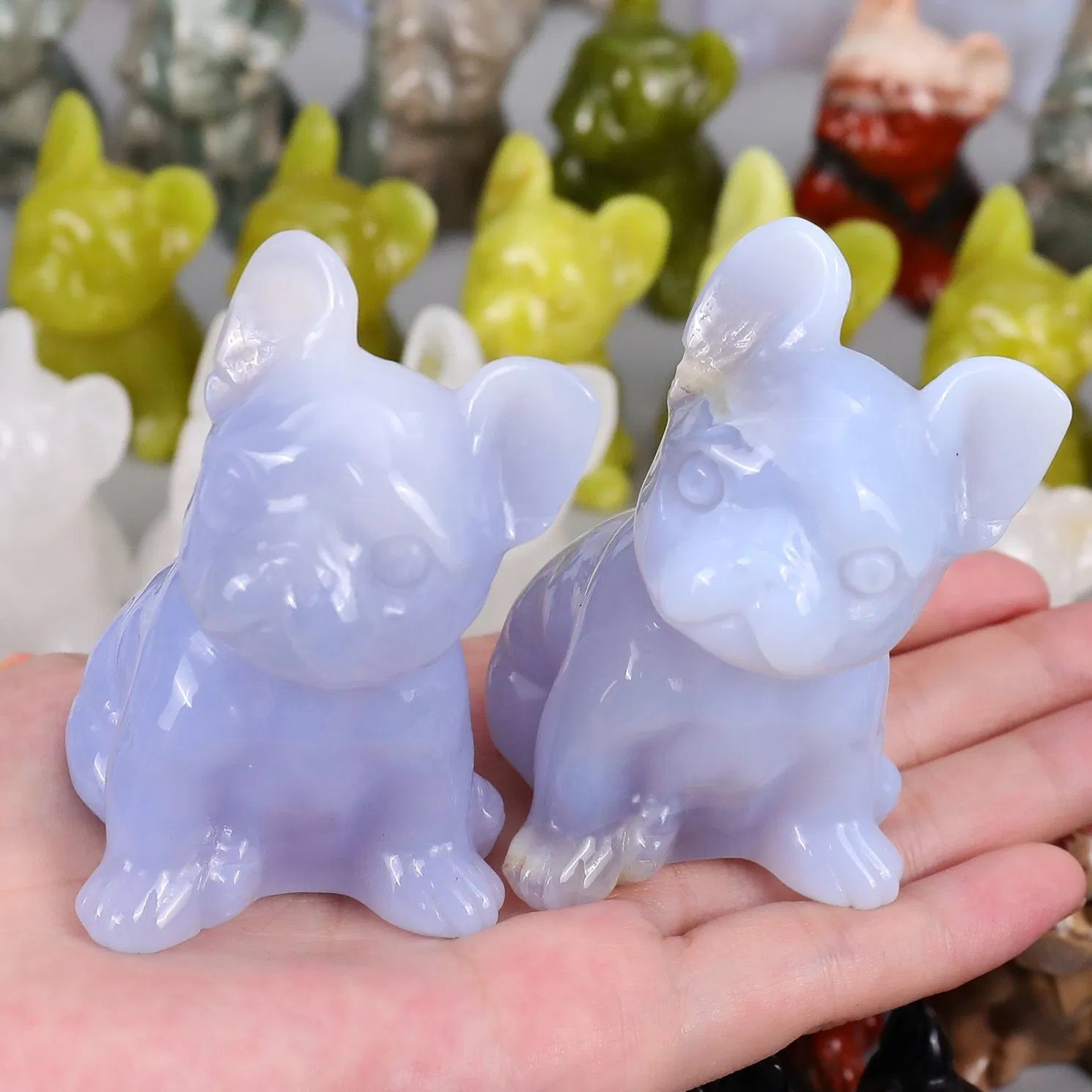 3 Inch Hand Carved Natural Crystals Blue Chalcedony Animal Dog Healing Crystal Carving French Bull Dog
