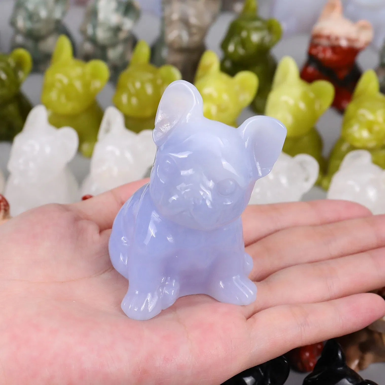 3 Inch Hand Carved Natural Crystals Blue Chalcedony Animal Dog Healing Crystal Carving French Bull Dog