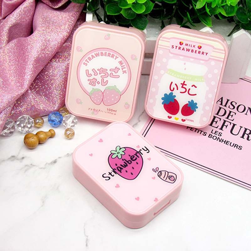 Eyeshare pink Strawberry pattern Contact Lens Accessories 2 pairs Contact Lens case box Tweezer Wearing Picking Tool