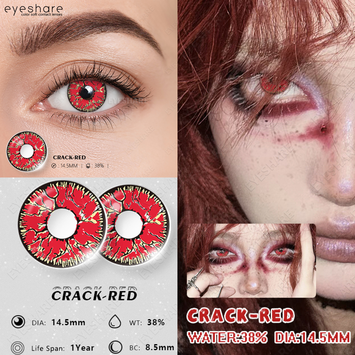 Eyeshare CRACK Red & White Cosplay Contact Lenses 14.0mm Halloween Special Effect CE/ISO Certified Model CR