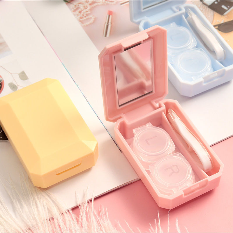 Eyeshare Simple Rectangle Shape Candy Colored Mirror Tweezers Suction Stick Set Plastic Contact Lenses Case