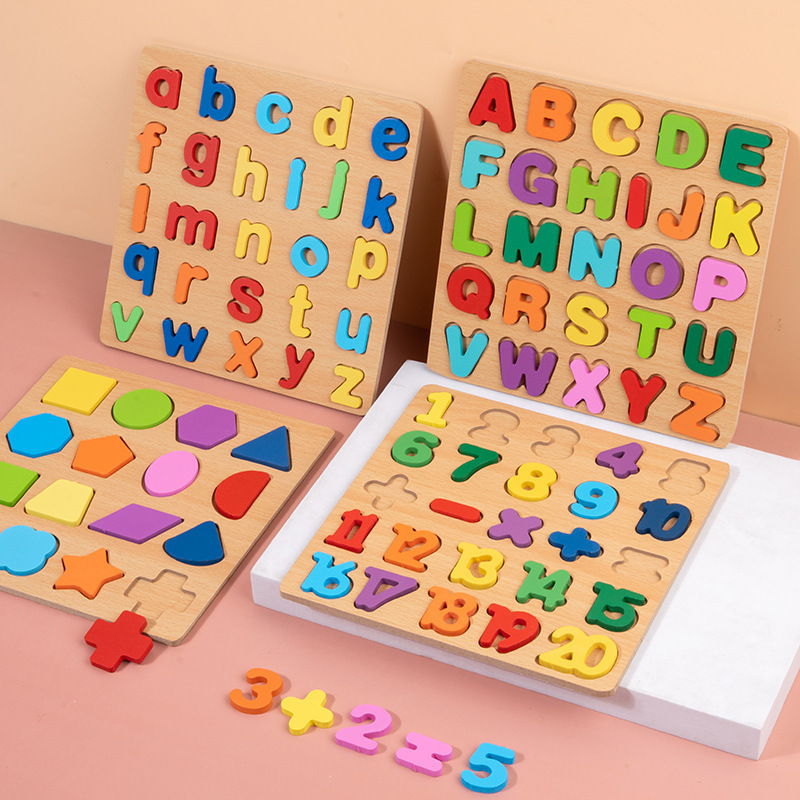 Montessori Inspired Custom Wholesale Wood Puzzle Board Set Kids Building Block with Digit Alphabet ABC Number Match Cube Shape