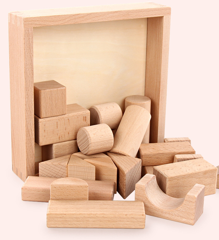 Natural Beech Wood Block with Box 22pcs Kids Wooden Blocks Toys Set