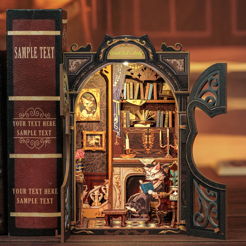 DIY Book Nook Kit Miniature Dollhouse with Light Wooden Bookshelf Insert Retro Booknook Decor for Gifts Bookshop Series
