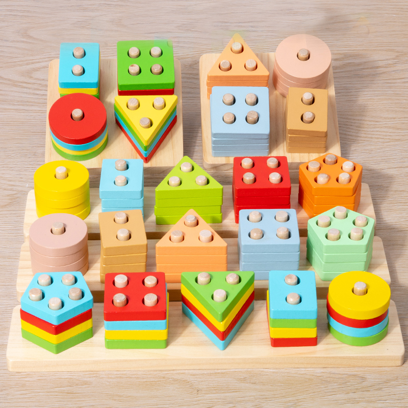 Safety Natural Wood Stacking Puzzle Toy Color Recognition Shape Sorter Puzzles for Baby