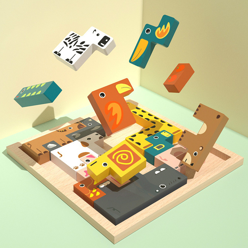 Children's Creative Wooden Three-Dimensional Animal Puzzle Building Blocks DIY Toy <50 Pieces for 0-24 Months Color Box