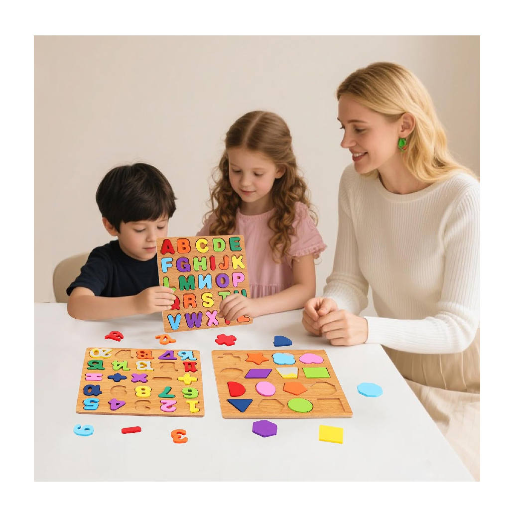 Wooden Puzzles for Toddlers 3-5 Pack of 3 ABC Number Shape Puzzle Preschool Educational Learning Toys Puzzle Board Letter Blocks