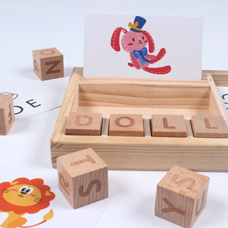 Wholesale Unisex English Alphabet Learning Building Block Puzzle Spelling Word Game Wooden Toy Box for Baby Children Cardboard