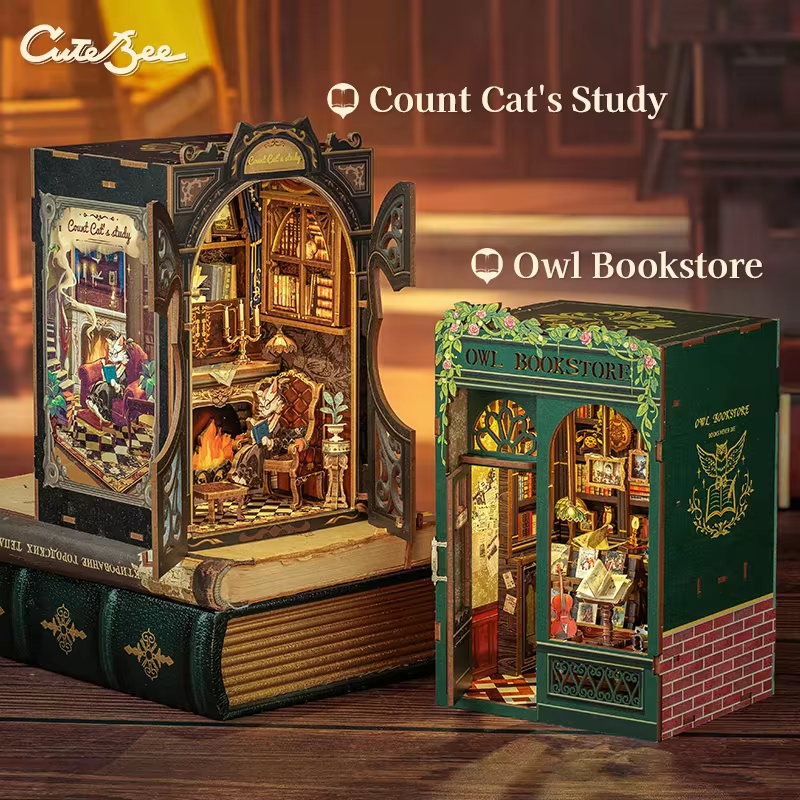 DIY Book Nook Kit Miniature Dollhouse with Light Wooden Bookshelf Insert Retro Booknook Decor for Gifts Bookshop Series
