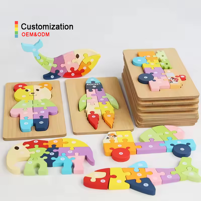 3D Wooden Diy Jigsaw Puzzle New Product Montessori Wooden Baby Cartoon Educational Board Game Toys for Kids Toddlers Boys Girls