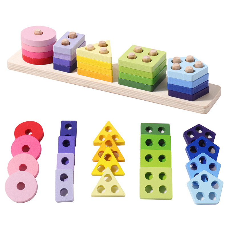 Wooden Nested Column Children's Early Education Geometric Shape Building Blocks Recognition Classification Intelligence Toys