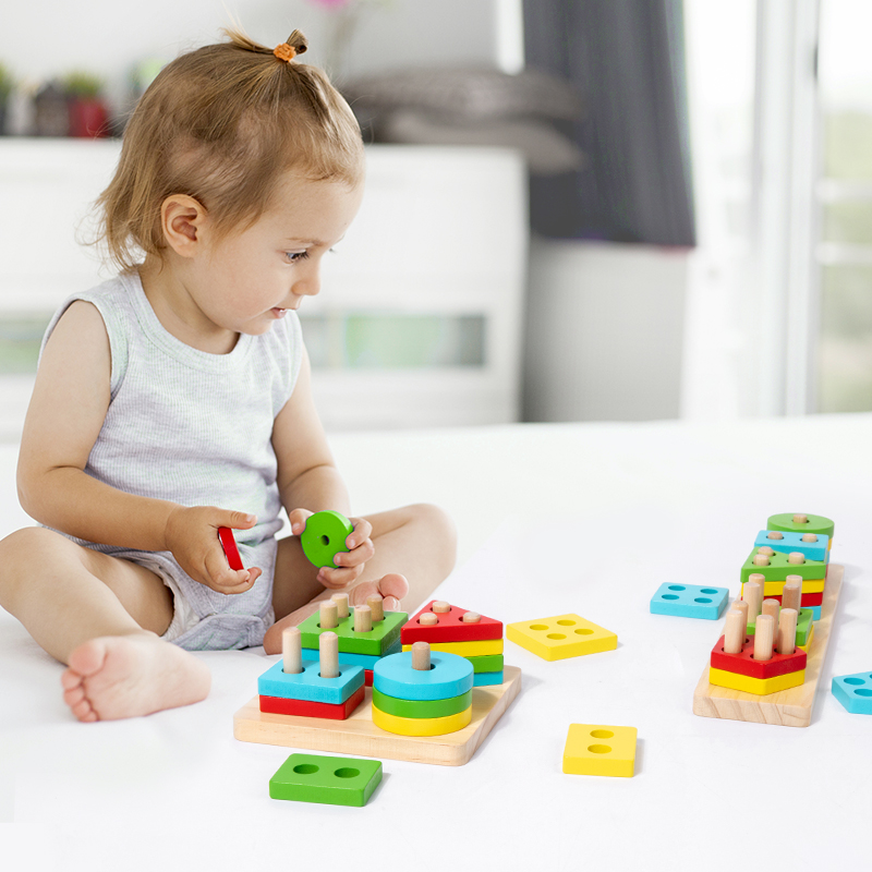 Safety Natural Wood Stacking Puzzle Toy Color Recognition Shape Sorter Puzzles for Baby