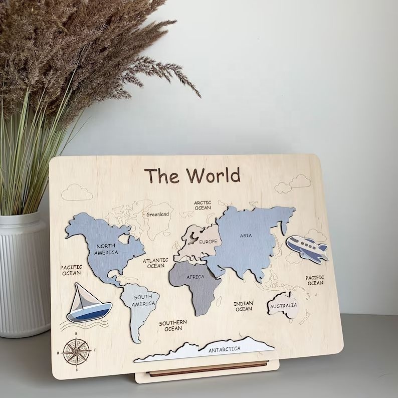 Wooden Children's Educational Montessori Toys, Children's Educational Wooden World Puzzles