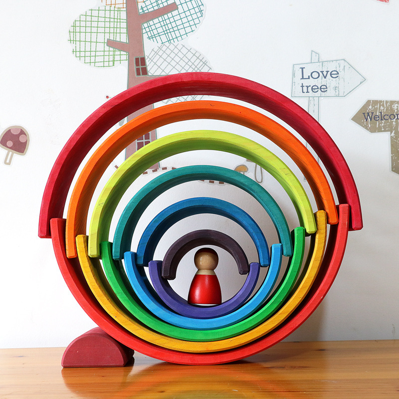 Multiple Styles Custom Colorful Wooden Montessori Toys Bridge Rainbow Building Blocks Toy Set Kids Educational Stacking Toy